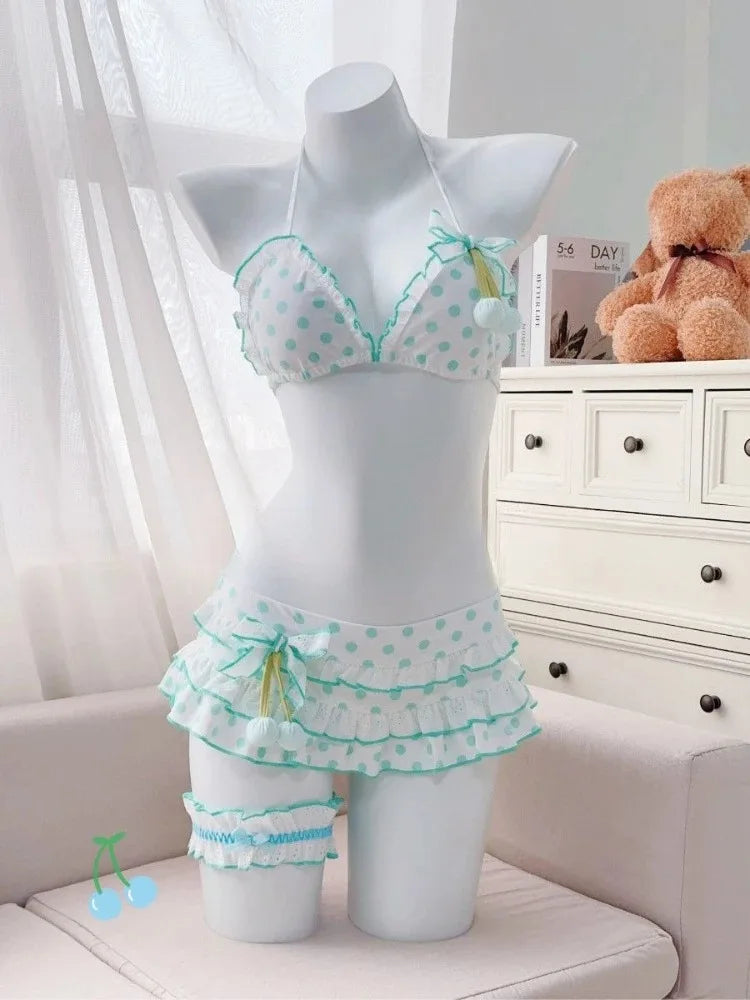 Kawaii Polka Dot Bikini-Set mit Neckholder-Trägern, zweiteiliger Badeanzug für Damen, süßer Stil, Strandparty-Badeanzug So ist Leben
