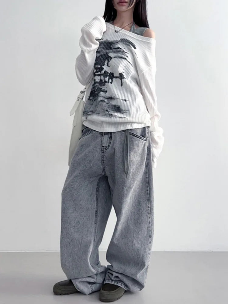 Herbst Harajuku Frauen Druck Tees Vintage Streetwear Grunge Skew Kragen Tops Y2k Ästhetischen Lose Beiläufige Hiphop Vintage Tops So ist Leben