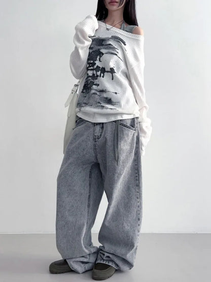 Herbst Harajuku Frauen Druck Tees Vintage Streetwear Grunge Skew Kragen Tops Y2k Ästhetischen Lose Beiläufige Hiphop Vintage Tops So ist Leben