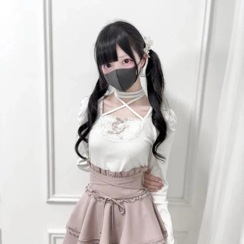 Herbst Französisch Elegante Sexy Coquette Tops frauen Y2k Elegante Streetwear T Shirt Bogen Spitze Patchwork Schlank Süße Tees So ist Leben