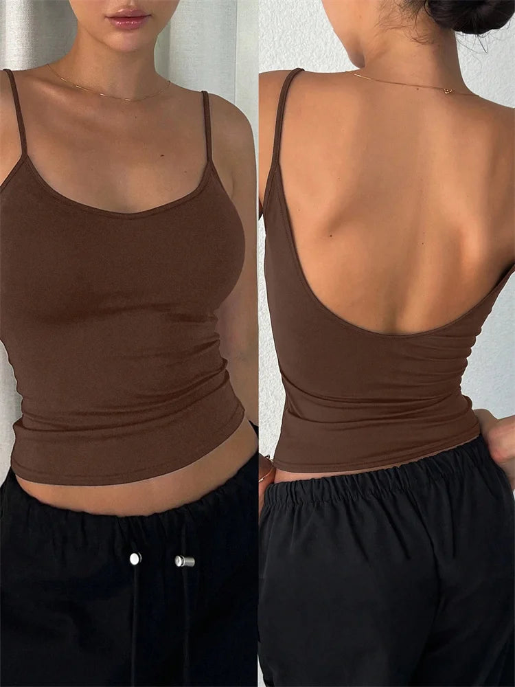 Frauen Backless Cami Crop Top Sommer Einfarbig Casual Ärmelloses Top Streetwear Y2K Kleidung So ist Leben