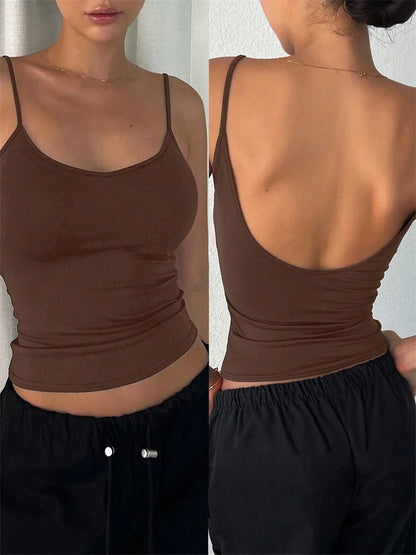 Frauen Backless Cami Crop Top Sommer Einfarbig Casual Ärmelloses Top Streetwear Y2K Kleidung So ist Leben