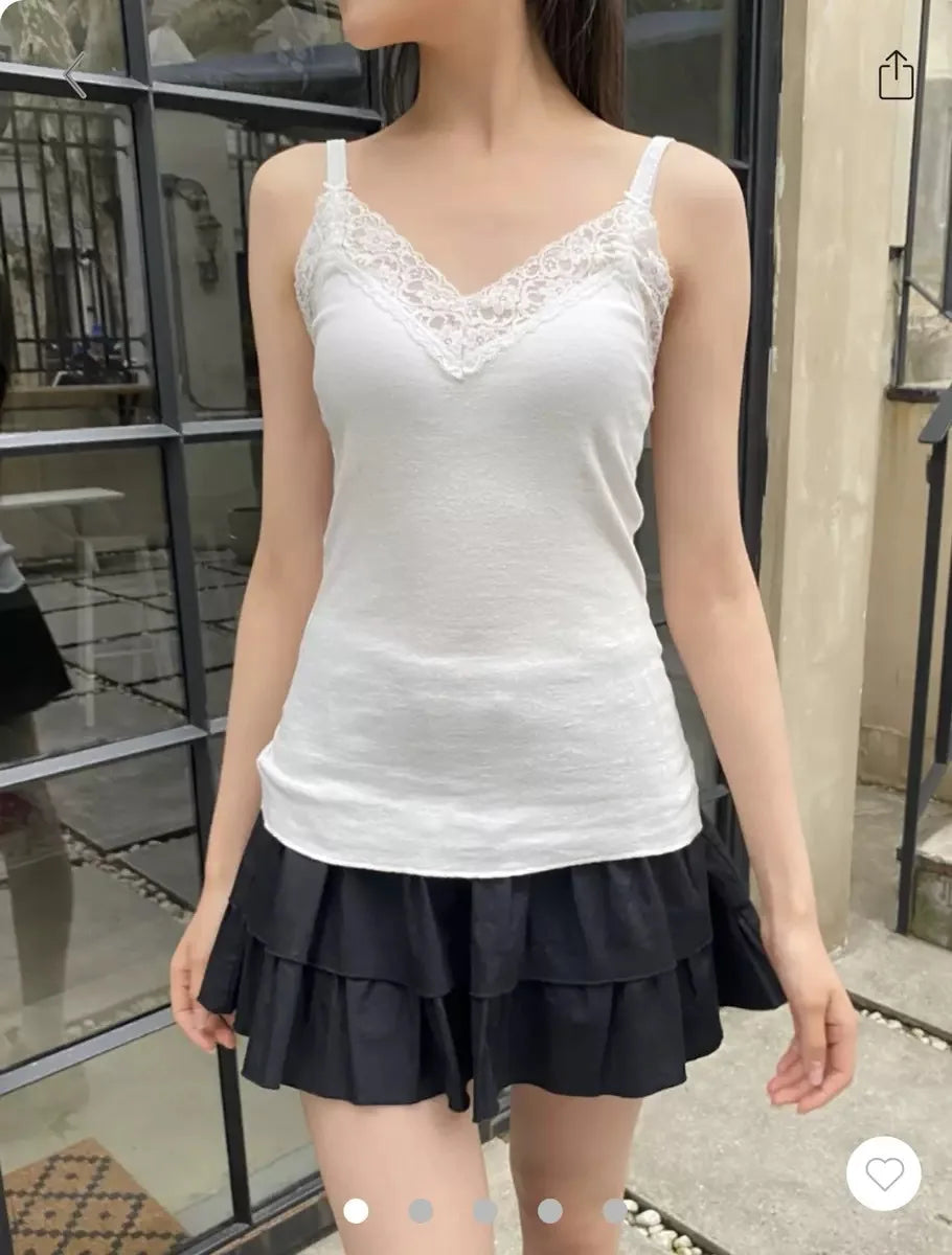Weißes, ärmelloses Tanktop mit Spitzenbesatz für Damen, lässig, weiche Baumwolle, V-Ausschnitt, schmal geschnittene Westen, Vintage, süß, süß, Preppy-Stil, Camis So ist Leben