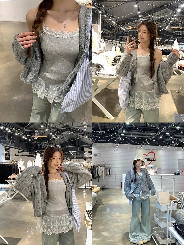 Spitzen-Unterhemd, Rüschen, Patchwork-Saum, Cami 2025, sexy Top, Damen, langes ärmelloses T-Shirt, Leibchen, Y2K, koreanische graue Baumwoll-Camis So ist Leben