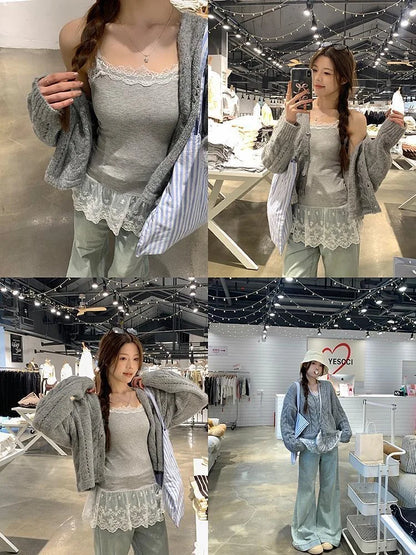 Spitzen-Unterhemd, Rüschen, Patchwork-Saum, Cami 2025, sexy Top, Damen, langes ärmelloses T-Shirt, Leibchen, Y2K, koreanische graue Baumwoll-Camis So ist Leben