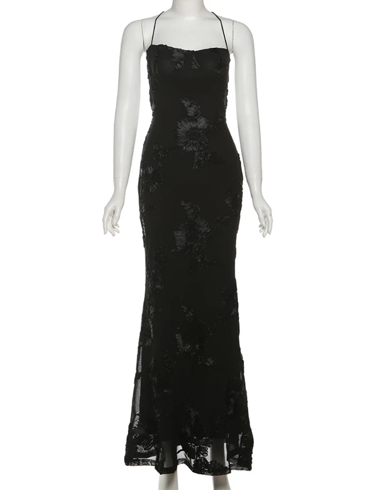 Nibber Elegante Blume Stickerei Maxi Kleid Frauen Low-Neck Kreuz Bandage Backless Sommer Straße Trend Dünne Urlaub Vestidos So ist Leben