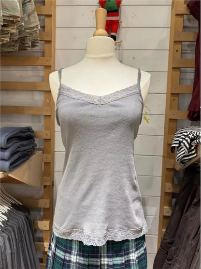 Geripptes Spitzenbesatz Slim Tank Top Damen Sommer Einfarbig Niedliches V-Ausschnitt Baumwoll-Camisole Weibliches Lässiges Einfaches Allround-Basic-Top Y2k Oberteile So ist Leben