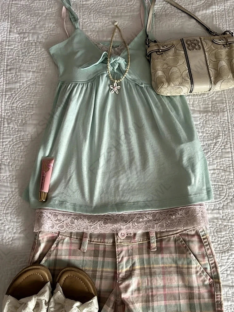 Y2K Japanisches Sommer-Damen-Camisole-Top, sexy, süß, schlank, modisch, lässig, Spitze, einfarbig, Crop-T-Shirt, Kawaii, süß, mädchenhaft, Streetwear So ist Leben
