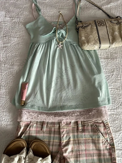 Y2K Japanisches Sommer-Damen-Camisole-Top, sexy, süß, schlank, modisch, lässig, Spitze, einfarbig, Crop-T-Shirt, Kawaii, süß, mädchenhaft, Streetwear So ist Leben
