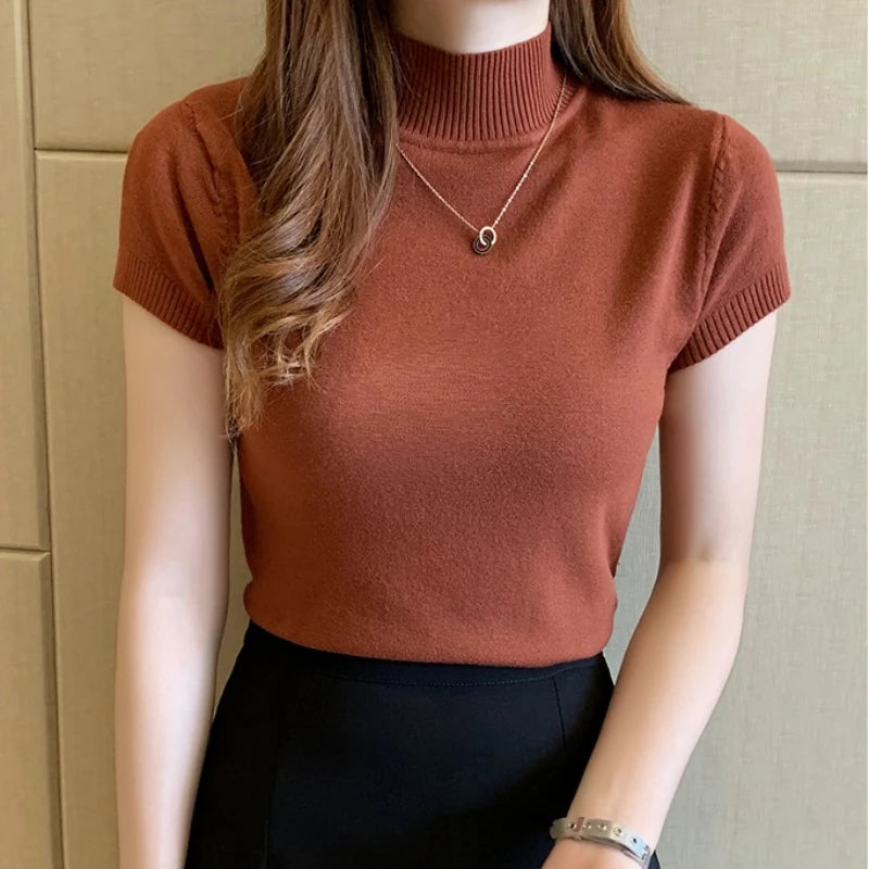 2025, mode Frau Pullover Kurzarm Herbst Tops Frauen Rollkragen Gestrickte Pullover Koreanischen Stil Elegante Feste Dünne Tops So ist Leben