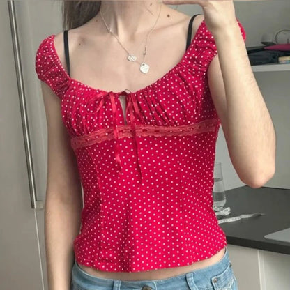 Teen Girl 00er Retro süßes T-Shirt mit quadratischem Kragen Polka Dot Milkmaid Baby Tees Coquette Vintage Cap Sleeve Crop Tops Y2k Tank Weste So ist Leben