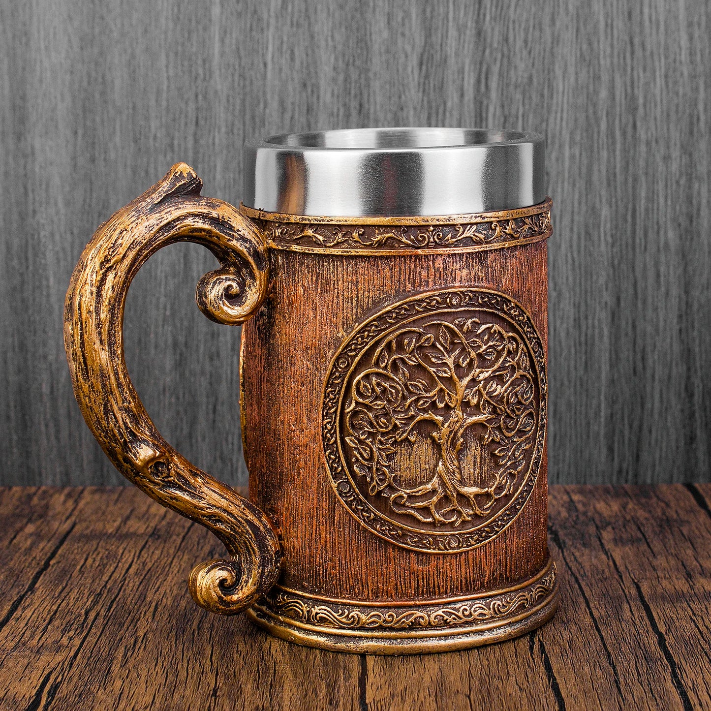 Neue Wikinger Baum des Lebens Tasse 3D Harz Becher 304 Edelstahl Tankard Nordic Dekor Stein Kaffeetasse Männer Geschenk So ist Leben
