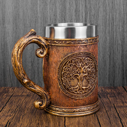 Neue Wikinger Baum des Lebens Tasse 3D Harz Becher 304 Edelstahl Tankard Nordic Dekor Stein Kaffeetasse Männer Geschenk So ist Leben