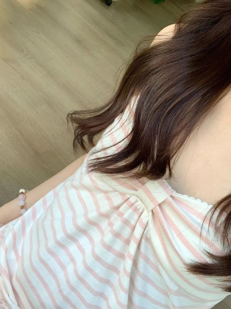 Deeptown Japanische Süße Camis Frauen Kawaii Gestreifte Rosa Schleife Ärmellose Weste Coquette Mode Niedlichen Sommer Slim Up Rüschen Tanks So ist Leben