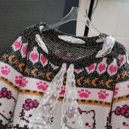 Vintage Hallo Kittys Pullover Herbst Winter Frauen Stricken Langarm Tops Koreanische Mode Rundhals Woolen Pullover Lose Warme So ist Leben