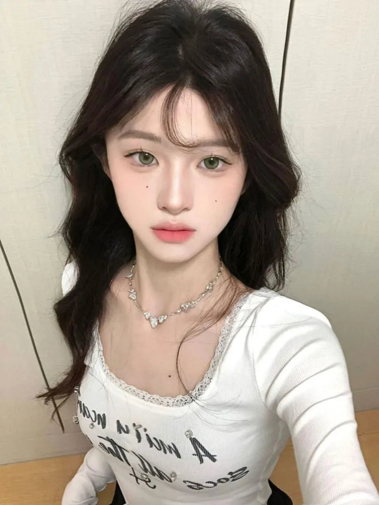 Frauen sexy y2k ästhetische Patchwork Spitze T-Shirt koreanische Harajuku Diamant Brief druck T-Shirts Mode Vintage Bottom ing Crop Top So ist Leben