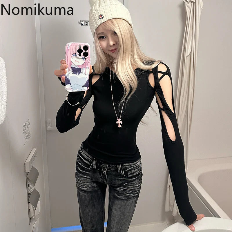 Crop Tops T-shirts für Frauen Oansatz Langarm Schwarz Tees Mode Lässig Koreanische Camisetas Y2k Top Aushöhlen Sexy Sommer T-shirt So ist Leben