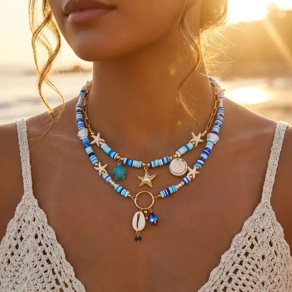 Böhmische Vintage Muschel Seestern Schildkröte Mehrschichtige Halskette für Frauen Ethnische Handgemachte Blaue Perlenketten Sommer Strand Schmuck So ist Leben