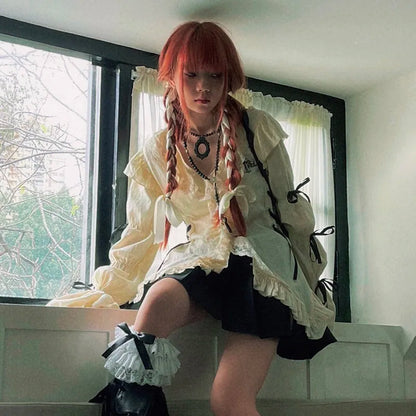 Karrram Y2K Ästhetik Spitze Hemd Grunge Gothic unregelmäßige Blusen Fee Harajuku Bandage Shirt Vintage Lolita Kleidung Einkaufs zentrum Goth - So ist Leben