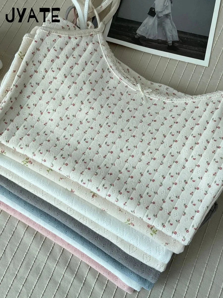 Süße Blumendruck Öse Schleife abgeschnittene Westen Frauen Baumwolle beiläufige dünne Spitzenbesatz Tank Tops Vintage Adrette süße Leibchen Y2K So ist Leben