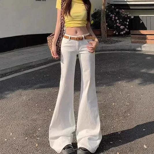 High-Waist Schlaghose für Damen, Frühling-Sommer Neuer Stil, Amerikanischer Retro-Look, Weiße Spicy Girl Micro Flared Jeans im Koreanischen Stil So ist Leben
