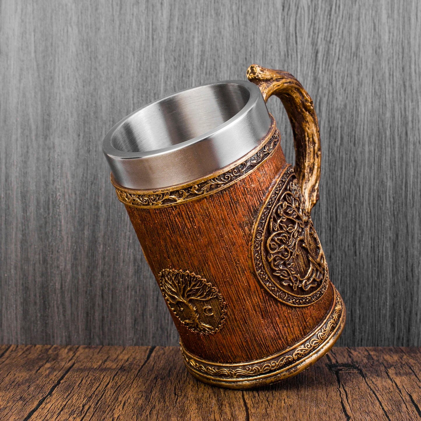 Neue Wikinger Baum des Lebens Tasse 3D Harz Becher 304 Edelstahl Tankard Nordic Dekor Stein Kaffeetasse Männer Geschenk So ist Leben