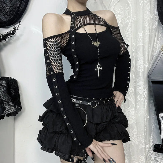 Goth Dark Punk Grunge Fishnet Patchwork Off Schulter T-shirts Trim Mais Strap Halter Tops Herbst Mall Gothic Streetwear T-shirt So ist Leben