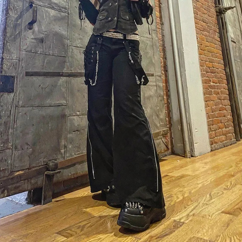 Frauen Hosen Hip Hop Hohe Taille Bandage Streetwear Niet Hosen Goth Dark Gothic Grunge Schwarz Hosen Harajuku Punk Breite Bein So ist Leben