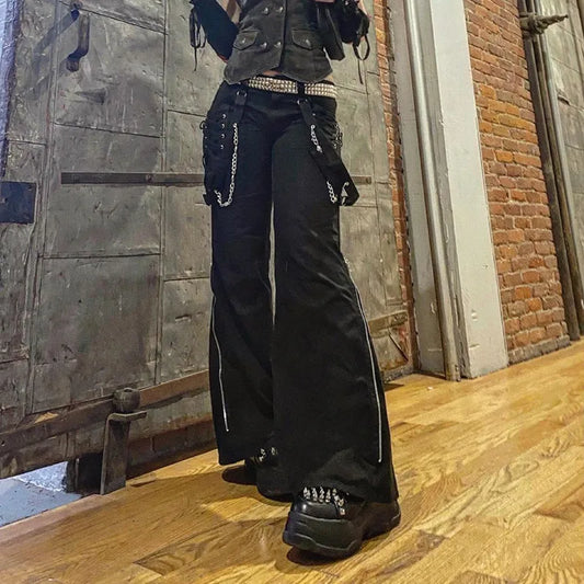 Frauen Hosen Hip Hop Hohe Taille Bandage Streetwear Niet Hosen Goth Dark Gothic Grunge Schwarz Hosen Harajuku Punk Breite Bein So ist Leben