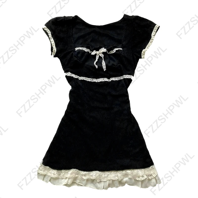 Gothic Harajuku Vintage Y2K Damen Kleid Sexy Slim Chic Casual Lace-up Design Neckholder Kleider Punk Rock Emo Girl Streetwear So ist Leben