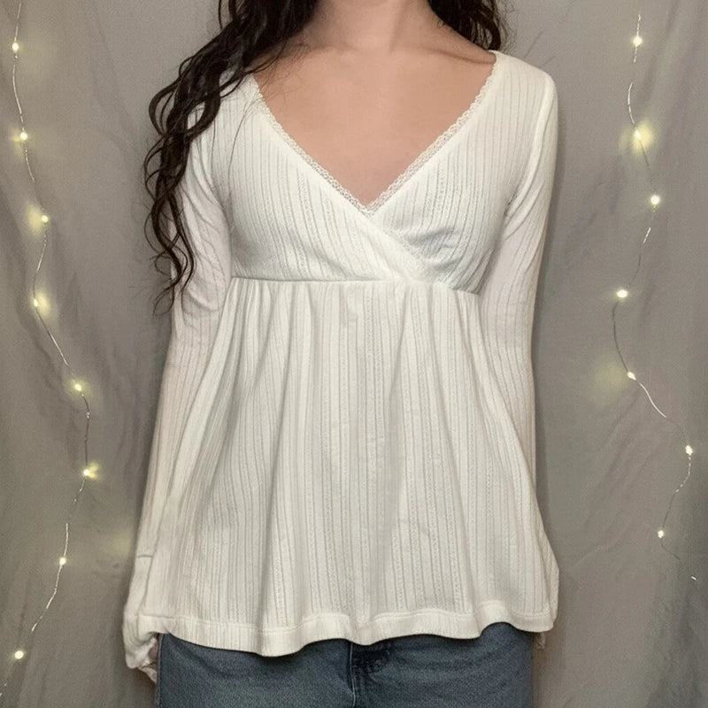 Frauen Fee Y2k Cottage T-shirt Kokette V-ausschnitt Langarm Babydoll Tees Herbst Frühling Casual Pullover Tops Vintage Kleidung So ist Leben