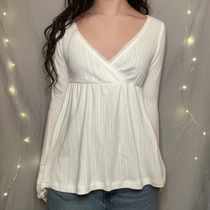 Frauen Fee Y2k Cottage T-shirt Kokette V-ausschnitt Langarm Babydoll Tees Herbst Frühling Casual Pullover Tops Vintage Kleidung So ist Leben