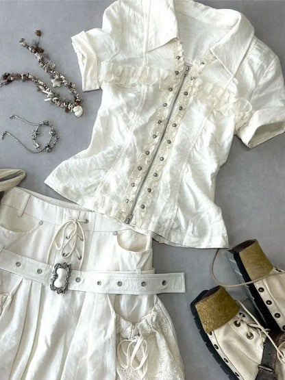 Punk Kleider 2 Stück Harajuku Gyaru Streetwear Reißverschluss Shirt Kurzarm Polo Neck Mode Y2k Minirock Vintage 2000er Jahre Kleid So ist Leben