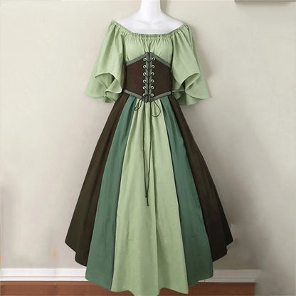 Damen Patchwork Mittelalter Renaissance Kleid Halloween Gothic schulterfreies Retro Langes Kleid So ist Leben