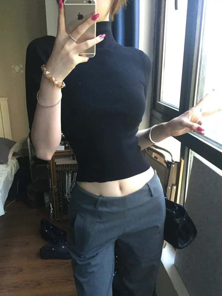 Genayooa Y2k Vintage T-shirt Frauen Drei Viertel Solid Black Crop Tops Schlank Rollkragen T-shirts Streetwear Japanische 2000er Jahre Tops So ist Leben