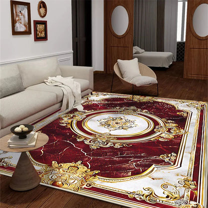 Wohnzimmer mit großem Teppich im roten Design im europäischen Stil - So ist Leben