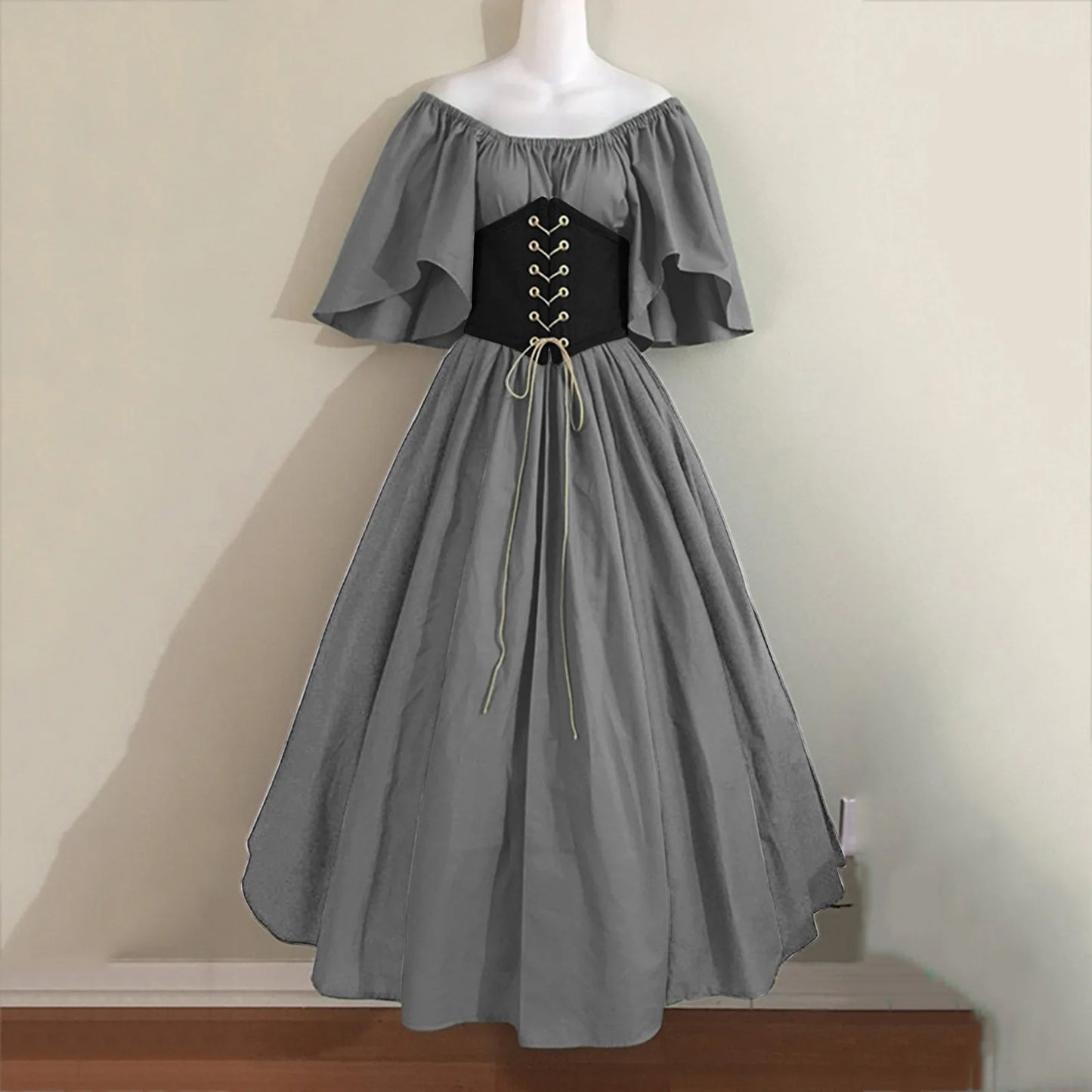 Damen Patchwork Mittelalter Renaissance Kleid Halloween Gothic schulterfreies Retro Langes Kleid So ist Leben