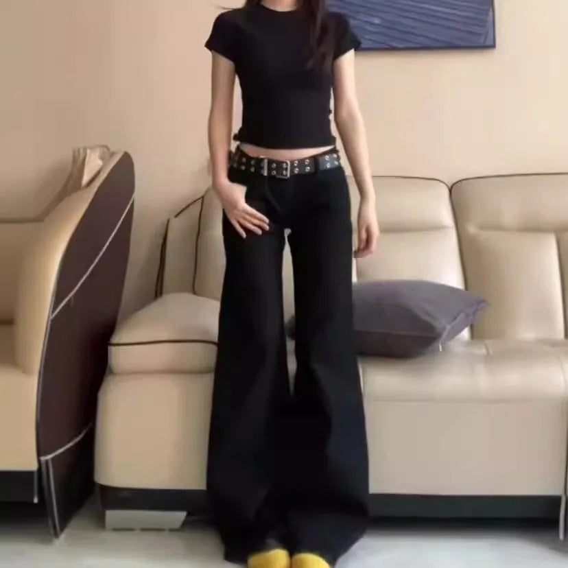 Schwarze Low-Waist-Schlagjeans aus Denim – Trendige, lockere Retro-Hose mit weitem Bein und Bodenlänge für den sexy Street-Style So ist Leben