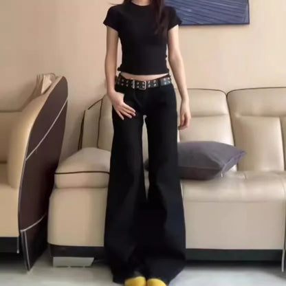 Schwarze Low-Waist-Schlagjeans aus Denim – Trendige, lockere Retro-Hose mit weitem Bein und Bodenlänge für den sexy Street-Style So ist Leben
