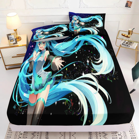 Hatsune Miku Bedrucktes Spannbetttuch, bequeme Bettdecke, komplettes Set, 3D-Kinderbettwäsche, Anime-Raumdekoration, Zuhause So ist Leben