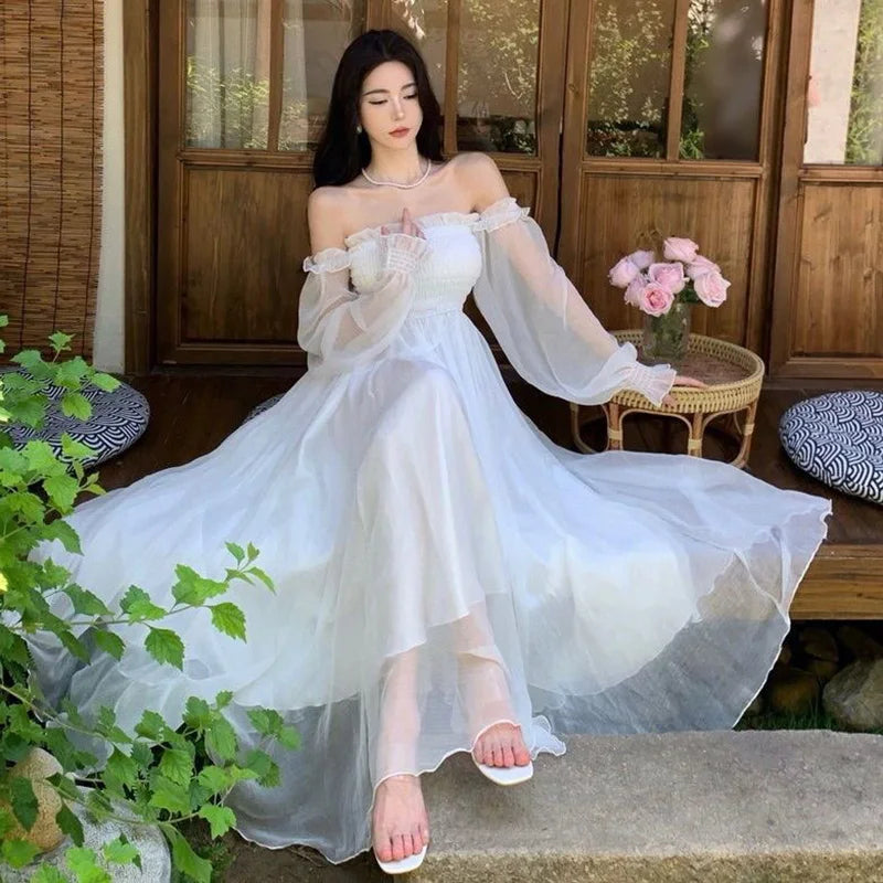 Strandurlaub Partykleid Damen Elegantes Weißes Feenhaftes Chiffon Langes Kleid Damen Süßes Schulterfreies Boho Maxikleid So ist Leben