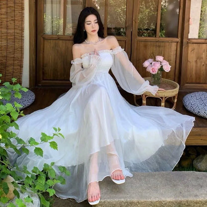 Strandurlaub Partykleid Damen Elegantes Weißes Feenhaftes Chiffon Langes Kleid Damen Süßes Schulterfreies Boho Maxikleid So ist Leben
