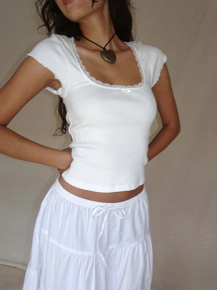 Y2k Vintage Baby T-Shirt Cottage Spitzenbesatz Gestricktes T-Shirt Sommer Square Neck Kurzarm T-Shirt Damen Weiß Milkmaid Crop Top So ist Leben