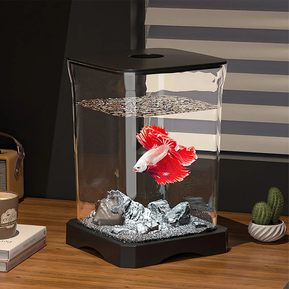Aquarium Starter Kit Mini Desktop Rechteckiges Aquarium mit oberes Futterloch mit unten Licht Tischdekoration für Betta So ist Leben
