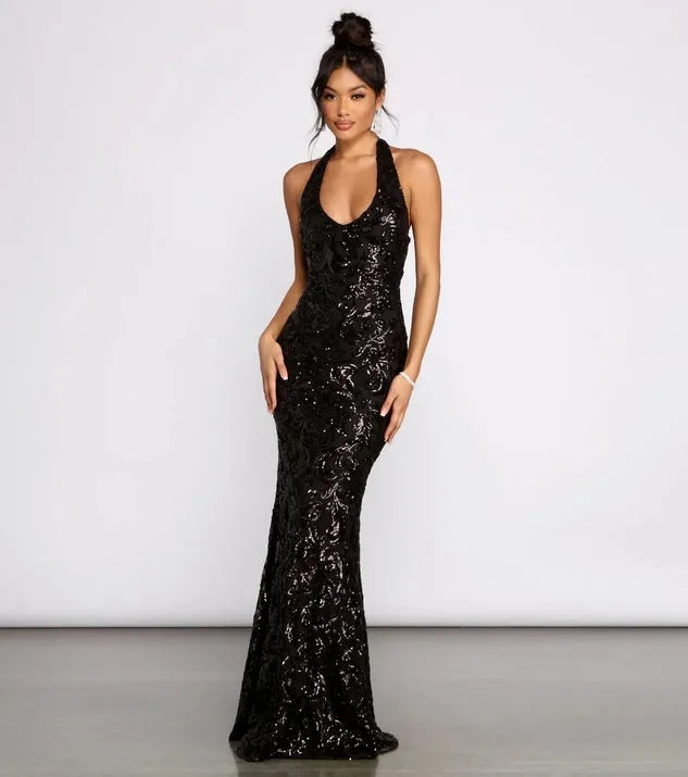 Sexy Hals Kragen Pailletten Kleid Modische Vielseitige Lange Kleid 2025, Herbst Und Winter Neue Produkt Mode Temperament Retro Wo So ist Leben