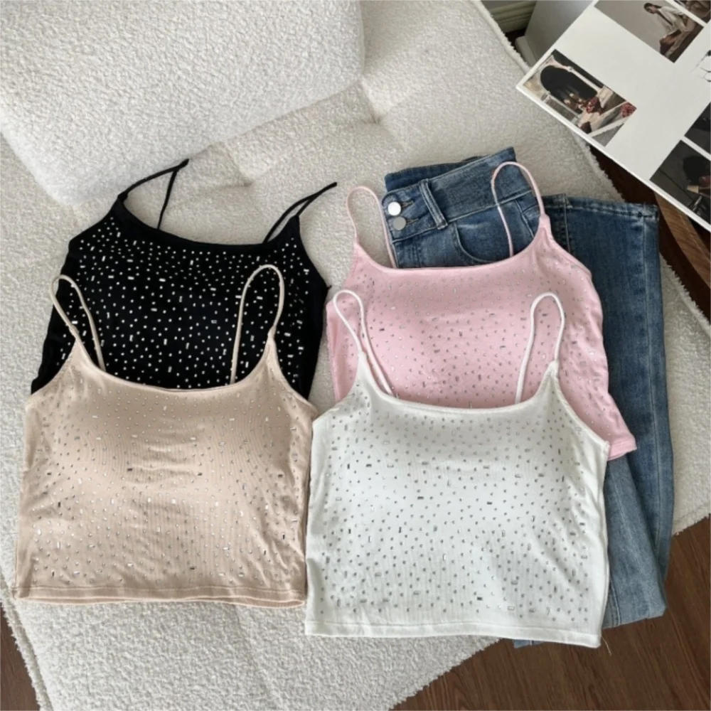 Baumwoll-Diamant-Verzierte Weste mit Gepolsterten Cups, Hochelastisches Pailletten-Camisole, Figurformende Einfarbige Weste, Party-Blusen So ist Leben