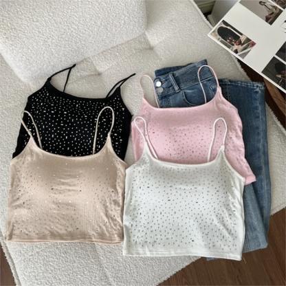 Baumwoll-Diamant-Verzierte Weste mit Gepolsterten Cups, Hochelastisches Pailletten-Camisole, Figurformende Einfarbige Weste, Party-Blusen So ist Leben