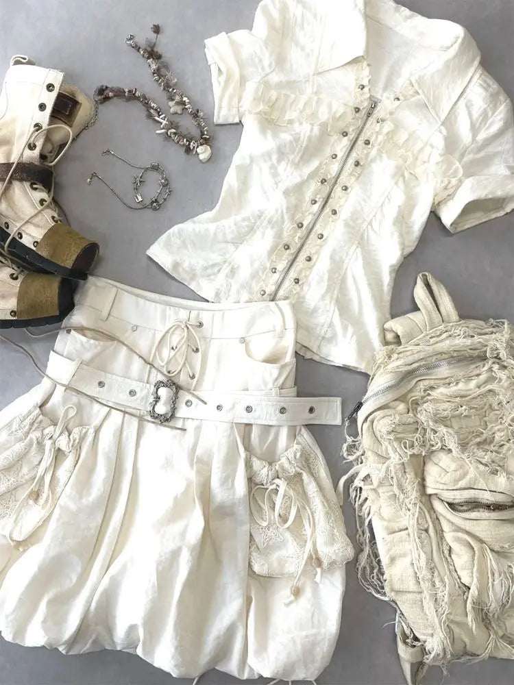 Punk Kleider 2 Stück Harajuku Gyaru Streetwear Reißverschluss Shirt Kurzarm Polo Neck Mode Y2k Minirock Vintage 2000er Jahre Kleid So ist Leben