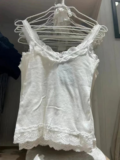 Süße Spitze Patchwork Schlank Tank Tops Frauen Sommer Weiß Sexy Einfache Baumwolle Weiche Ärmellose Westen Weibliche Vintage Chic Y2K Leibchen So ist Leben