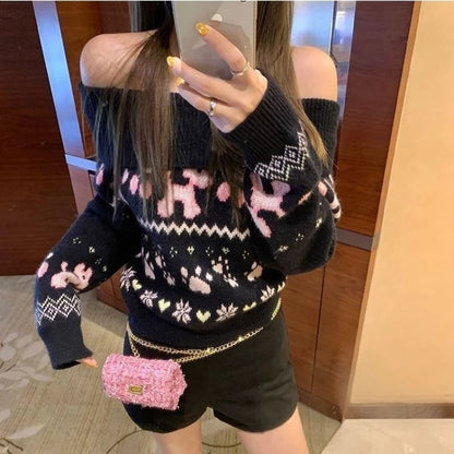 Deeptown Schwarz Süße Vintage Off Schulter Frauen Pullover Stickerei Langarm Koreanische Mode Schlank Stricken Pullover Casual Winter So ist Leben